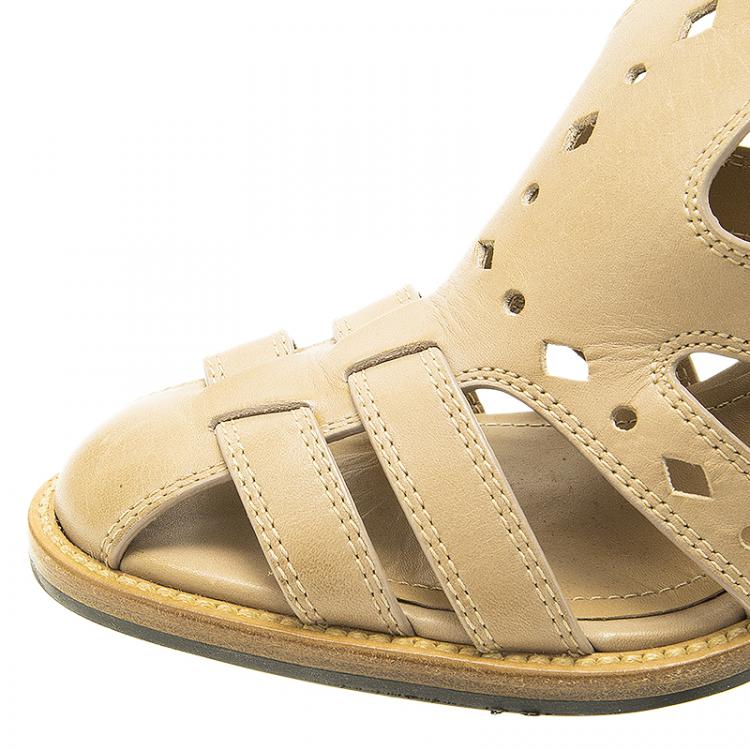Pre Owned Tod's Beige Leather Cut Out Strappy T-Strap Sandals Size 39