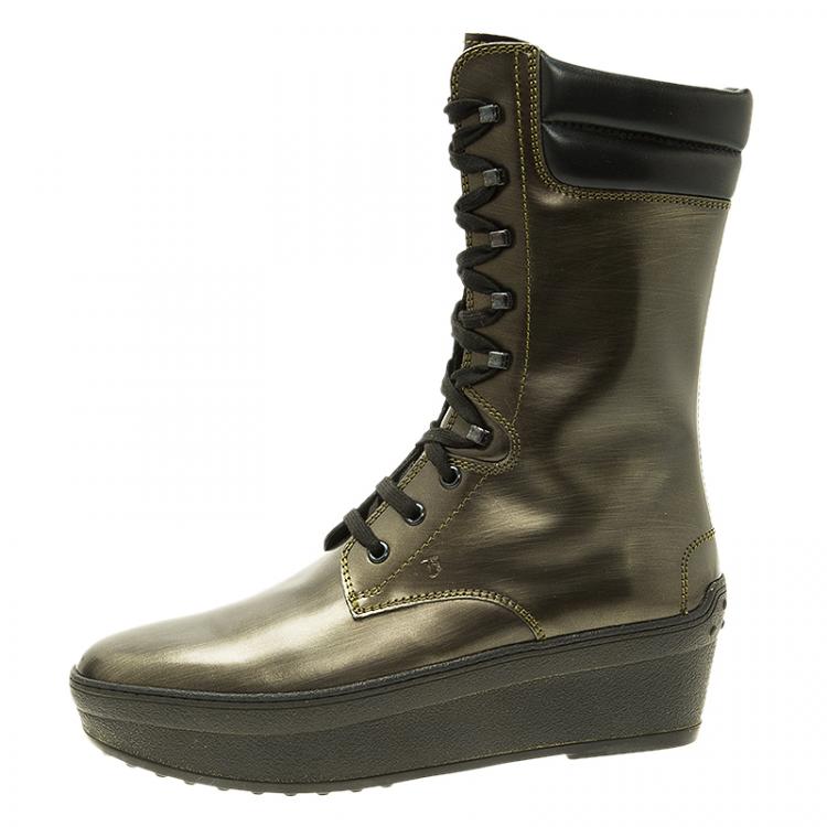 Pre Owned Tod's Metallic Leather Lace Up Wedge Boots Size 39