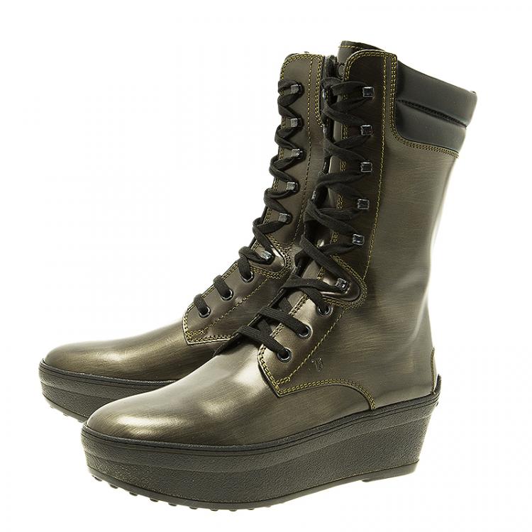 Pre Owned Tod's Metallic Leather Lace Up Wedge Boots Size 39