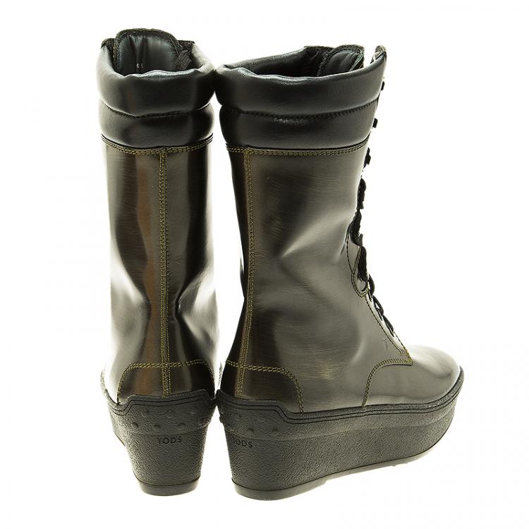 Pre Owned Tod's Metallic Leather Lace Up Wedge Boots Size 39