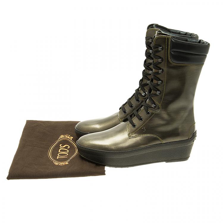 Pre Owned Tod's Metallic Leather Lace Up Wedge Boots Size 39