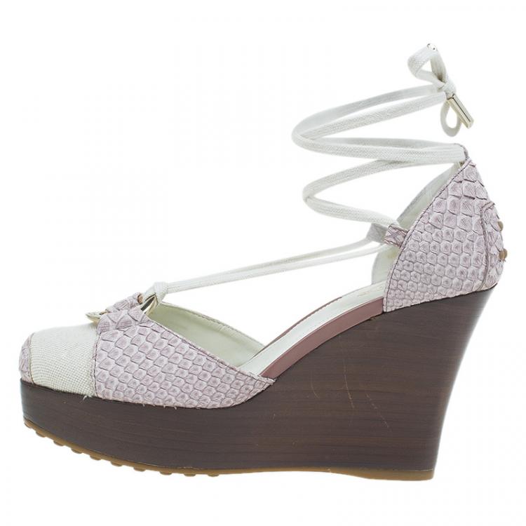 Pre Owned Tod's Two Tone Python and Canvas Tie Up Wedge Sandals Size 37.5 