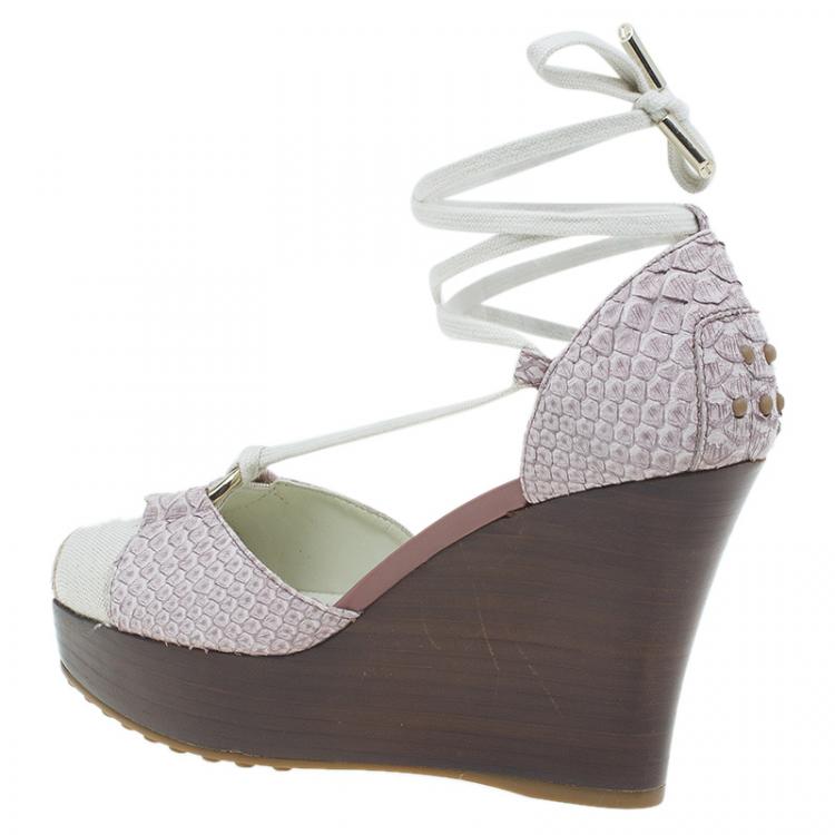 Pre Owned Tod's Two Tone Python and Canvas Tie Up Wedge Sandals Size 37.5 