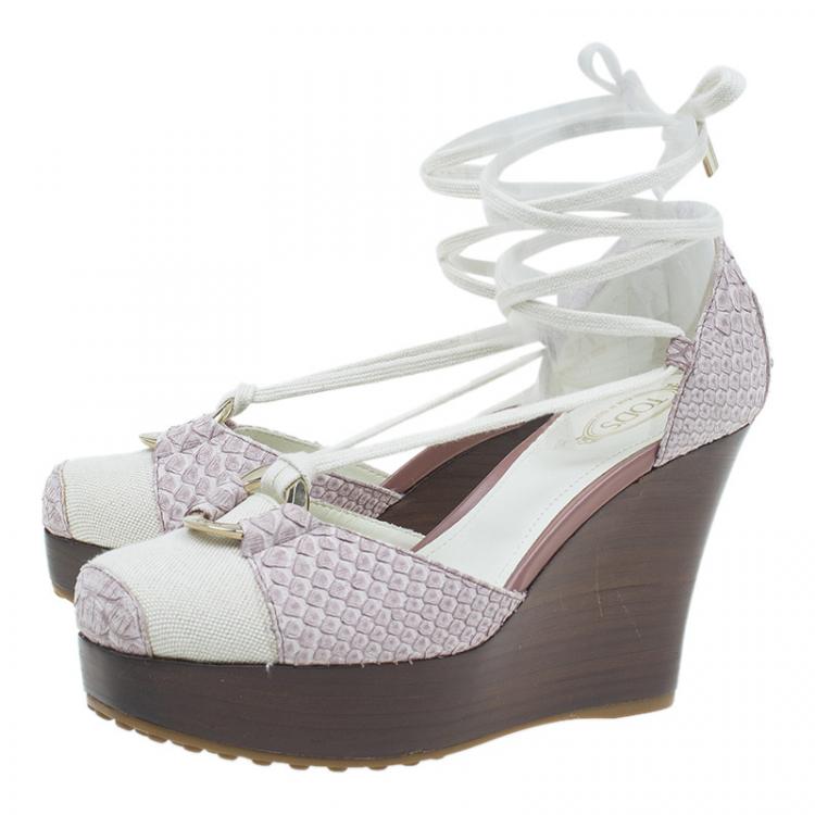 Pre Owned Tod's Two Tone Python and Canvas Tie Up Wedge Sandals Size 37.5 