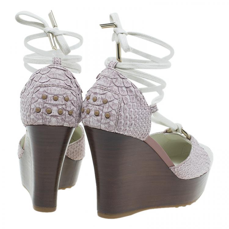 Pre Owned Tod's Two Tone Python and Canvas Tie Up Wedge Sandals Size 37.5 