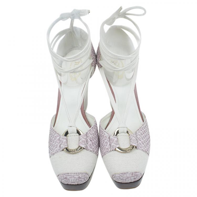 Pre Owned Tod's Two Tone Python and Canvas Tie Up Wedge Sandals Size 37.5 