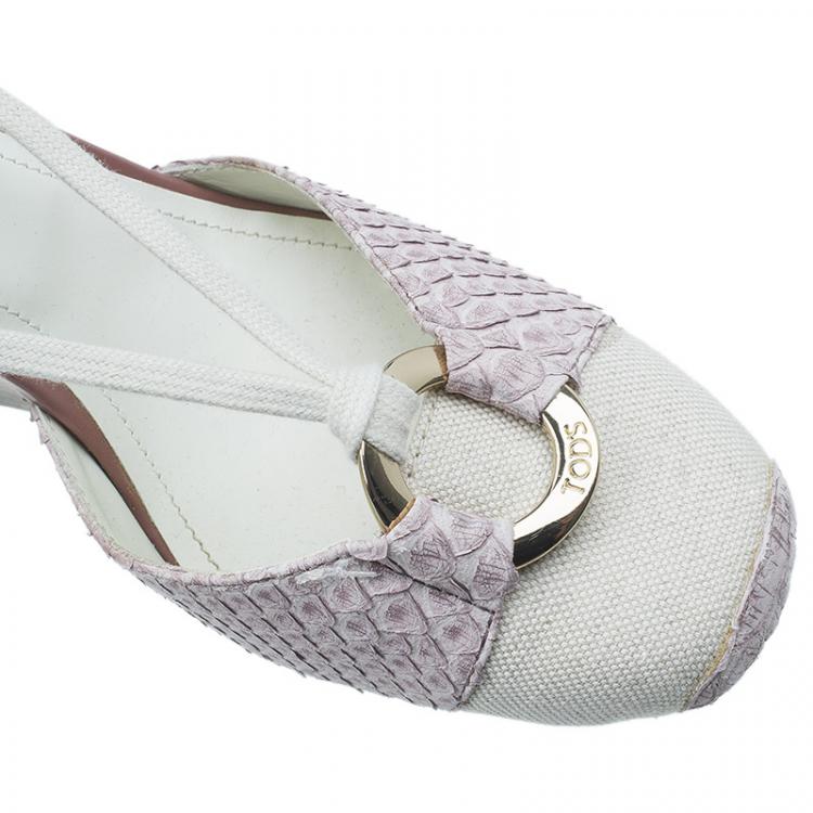 Pre Owned Tod's Two Tone Python and Canvas Tie Up Wedge Sandals Size 37.5 