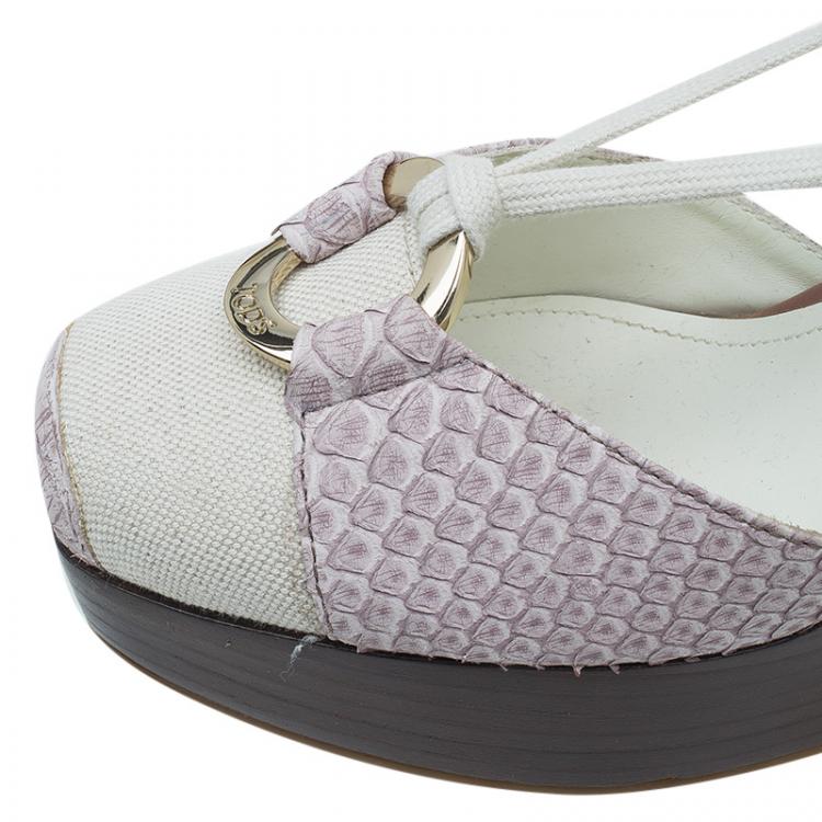 Pre Owned Tod's Two Tone Python and Canvas Tie Up Wedge Sandals Size 37.5 