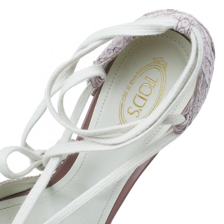 Pre Owned Tod's Two Tone Python and Canvas Tie Up Wedge Sandals Size 37.5 