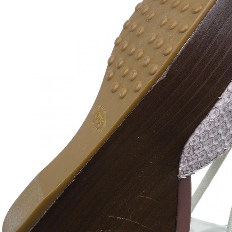 Pre Owned Tod's Two Tone Python and Canvas Tie Up Wedge Sandals Size 37.5 