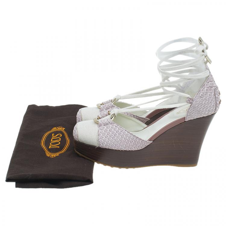 Pre Owned Tod's Two Tone Python and Canvas Tie Up Wedge Sandals Size 37.5 