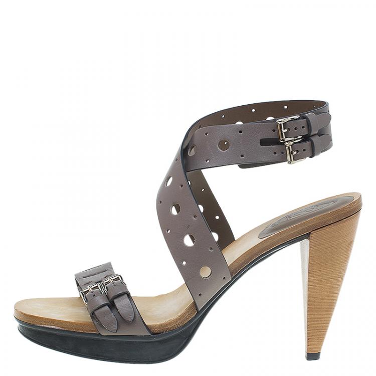 Pre Owned Tod's Grey Leather Cut Out Criss Cross Ankle Strap Platform Heel Sandals Size 40