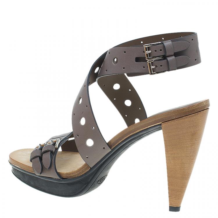Pre Owned Tod's Grey Leather Cut Out Criss Cross Ankle Strap Platform Heel Sandals Size 40