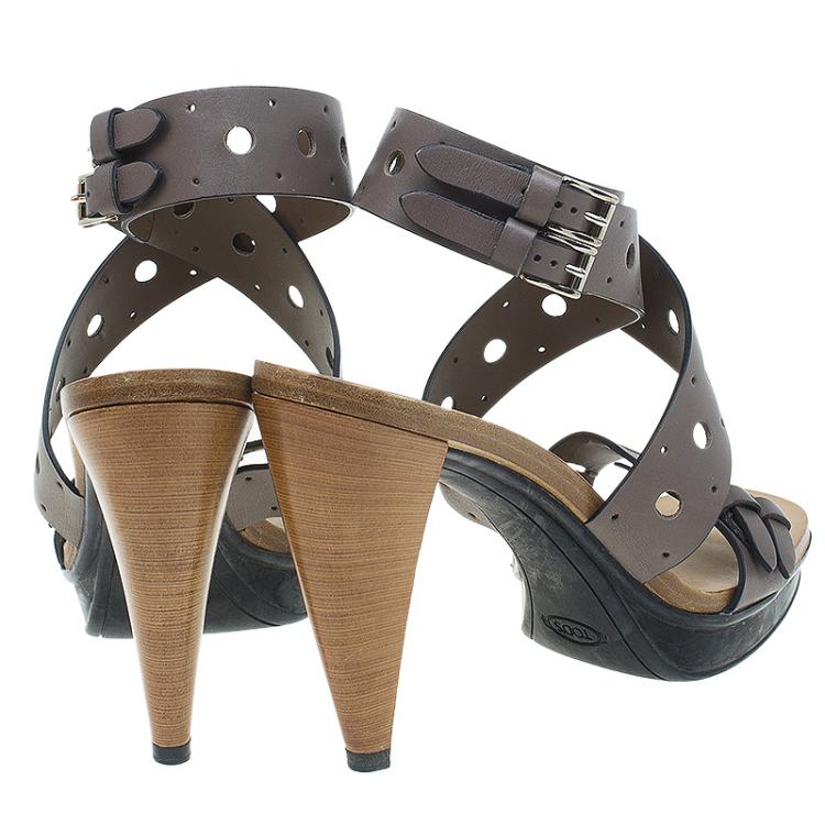 Pre Owned Tod's Grey Leather Cut Out Criss Cross Ankle Strap Platform Heel Sandals Size 40
