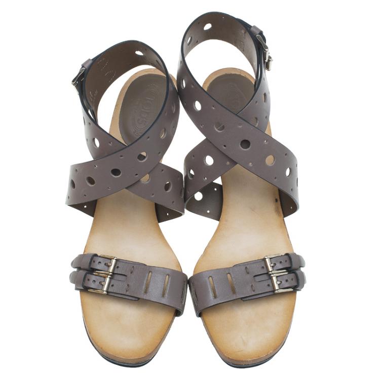 Pre Owned Tod's Grey Leather Cut Out Criss Cross Ankle Strap Platform Heel Sandals Size 40