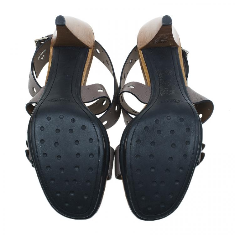 Pre Owned Tod's Grey Leather Cut Out Criss Cross Ankle Strap Platform Heel Sandals Size 40