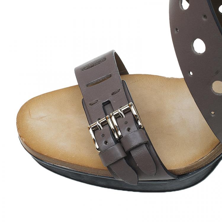 Pre Owned Tod's Grey Leather Cut Out Criss Cross Ankle Strap Platform Heel Sandals Size 40