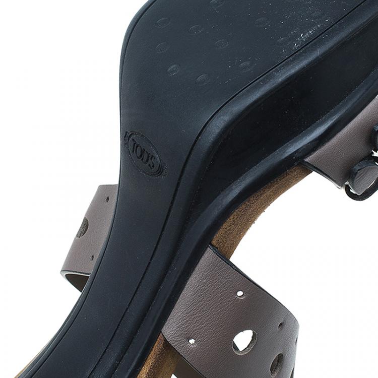 Pre Owned Tod's Grey Leather Cut Out Criss Cross Ankle Strap Platform Heel Sandals Size 40