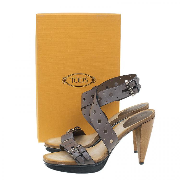 Pre Owned Tod's Grey Leather Cut Out Criss Cross Ankle Strap Platform Heel Sandals Size 40