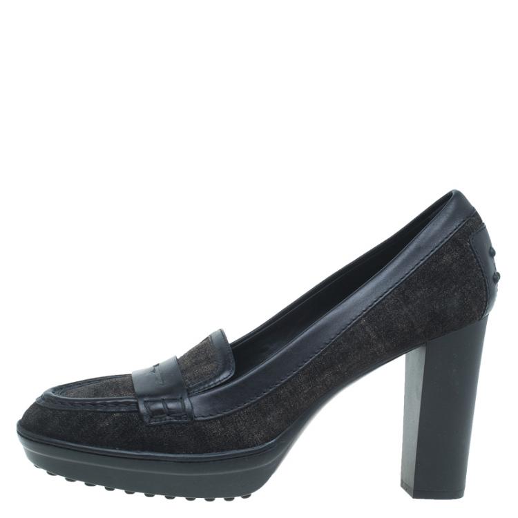 Pre Owned Tod's Black Suede and Leather Penny Loafer Pumps Size 40.5