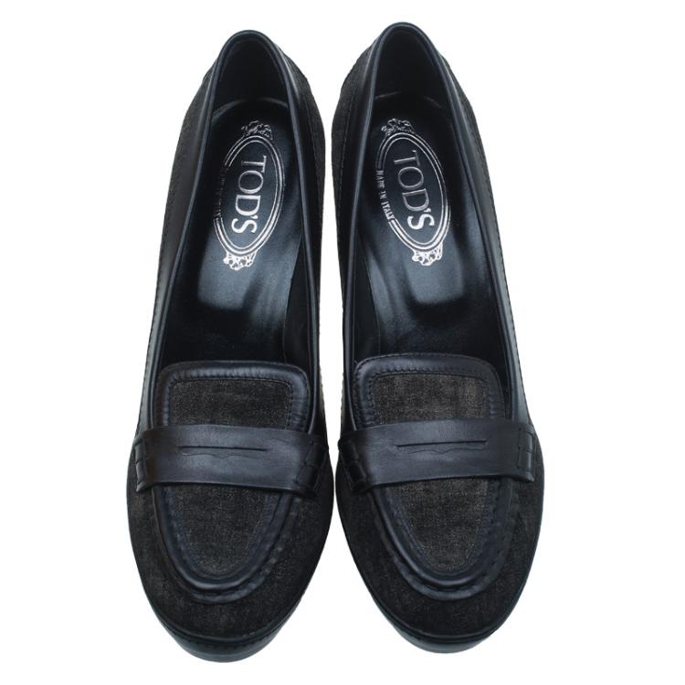 Pre Owned Tod's Black Suede and Leather Penny Loafer Pumps Size 40.5