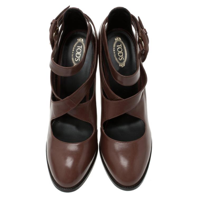 Pre Owned Tod's Brown Leather Cross Strap Pumps Size 40