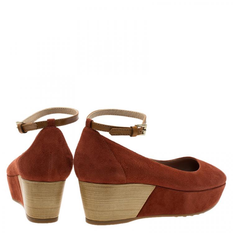 Pre Owned Tod's Brown Suede Ankle Strap Platform Wedge Pumps Size 35