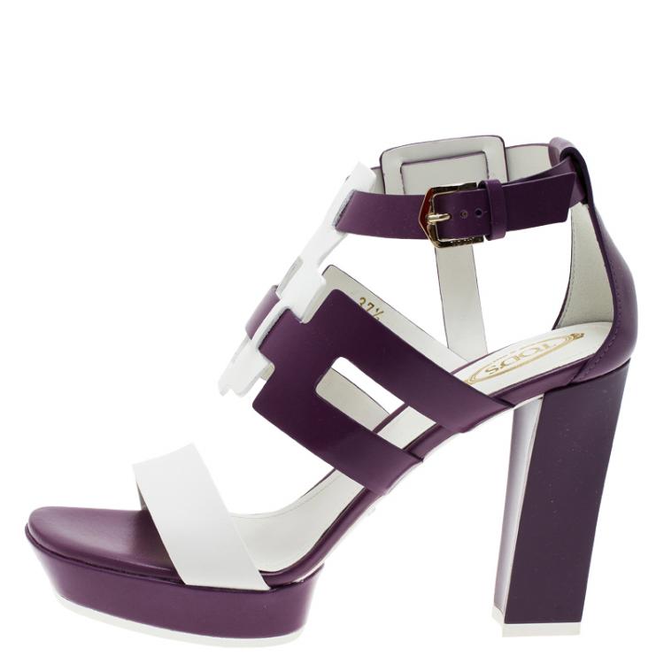 Pre Owned Tod's Purple and White Cut Out Leather Sandals Size 37.5