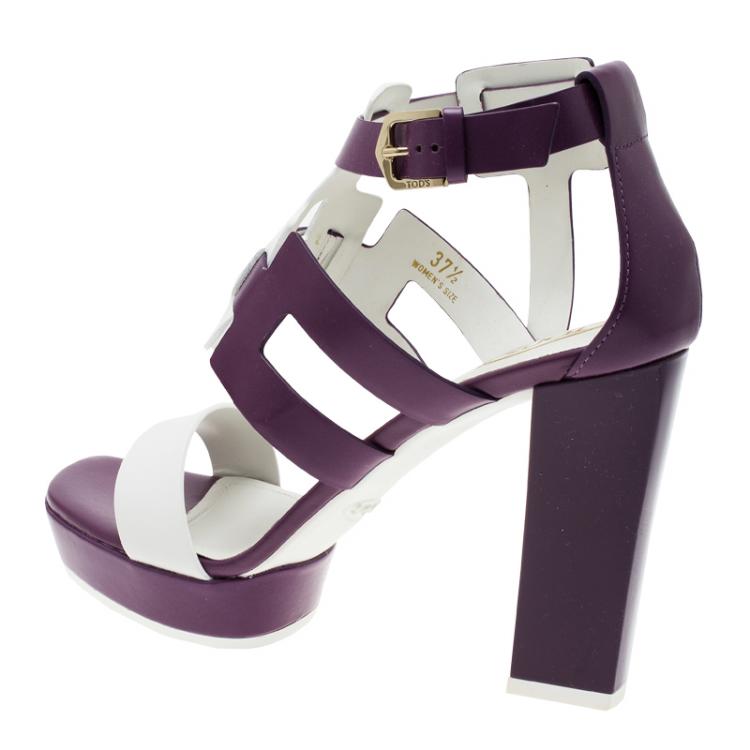 Pre Owned Tod's Purple and White Cut Out Leather Sandals Size 37.5