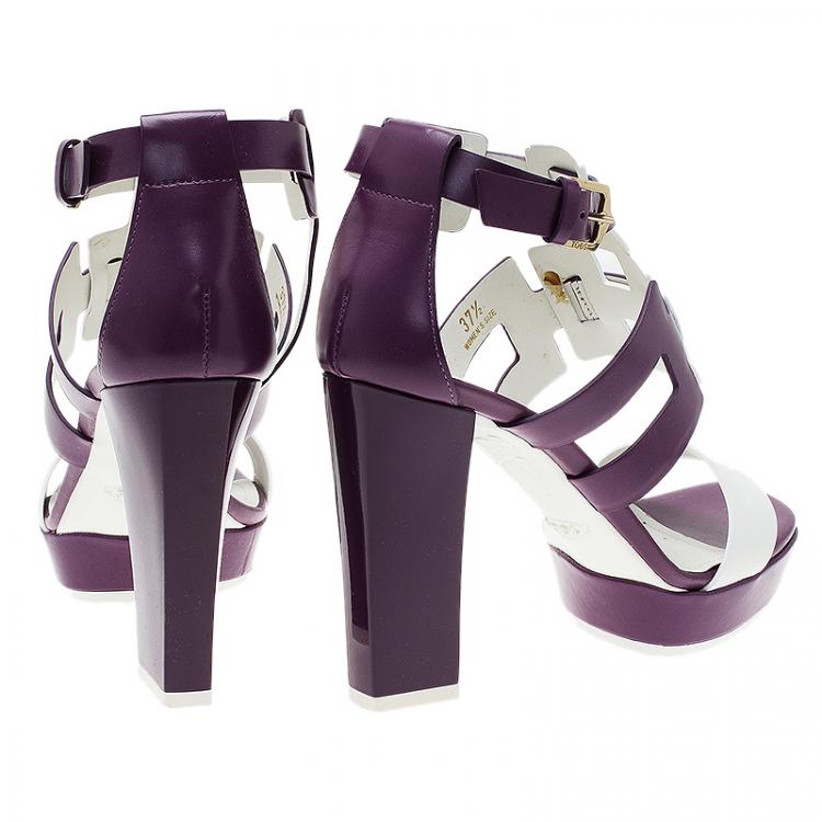 Pre Owned Tod's Purple and White Cut Out Leather Sandals Size 37.5