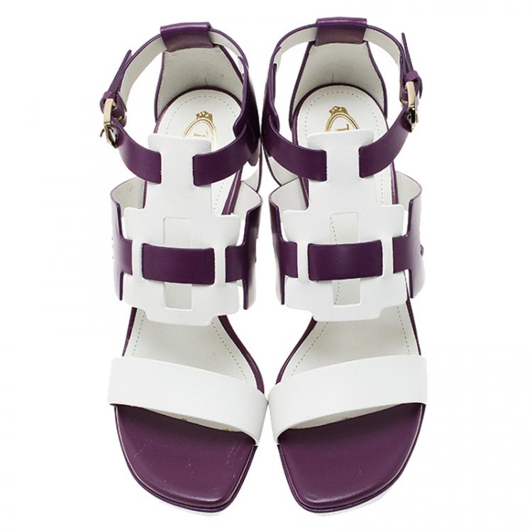 Pre Owned Tod's Purple and White Cut Out Leather Sandals Size 37.5