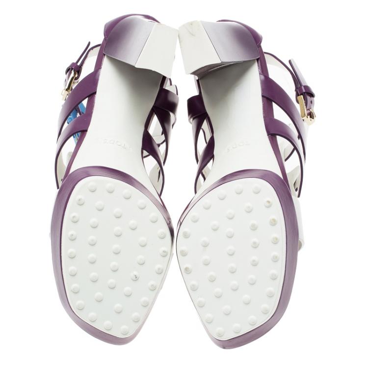 Pre Owned Tod's Purple and White Cut Out Leather Sandals Size 37.5
