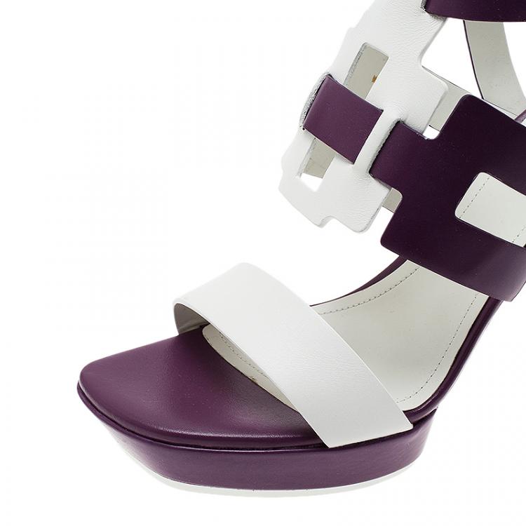 Pre Owned Tod's Purple and White Cut Out Leather Sandals Size 37.5