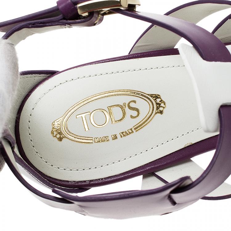 Pre Owned Tod's Purple and White Cut Out Leather Sandals Size 37.5