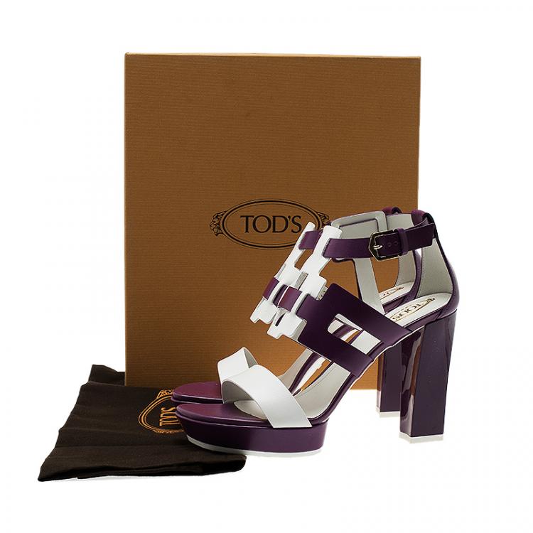 Pre Owned Tod's Purple and White Cut Out Leather Sandals Size 37.5
