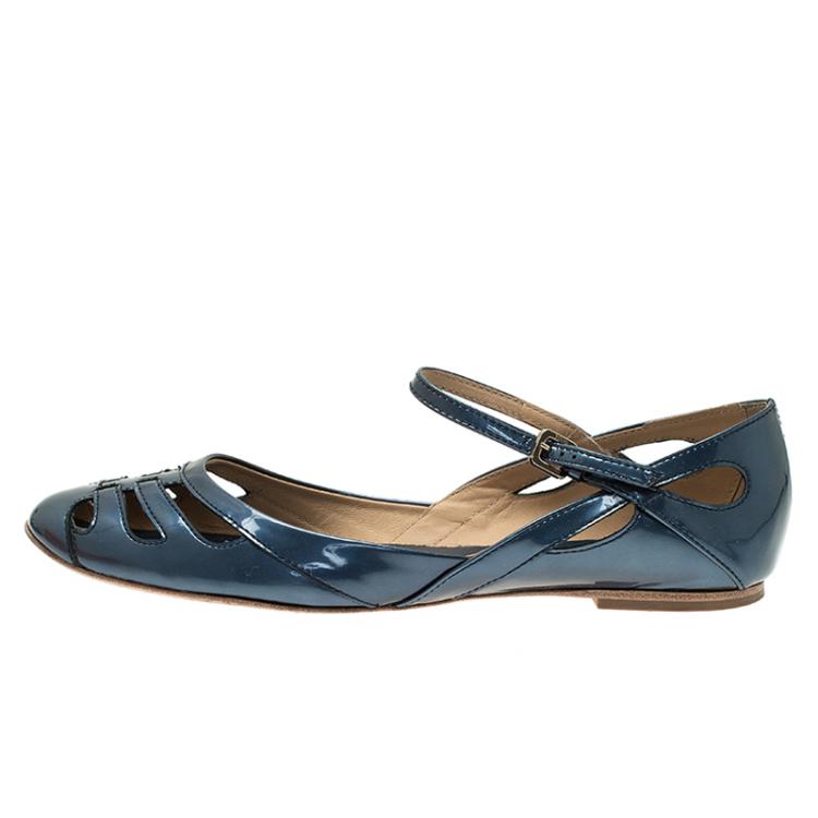 Pre Owned Tod's Blue Patent Cutout Ankle Strap Ballet Flats Size 39.5