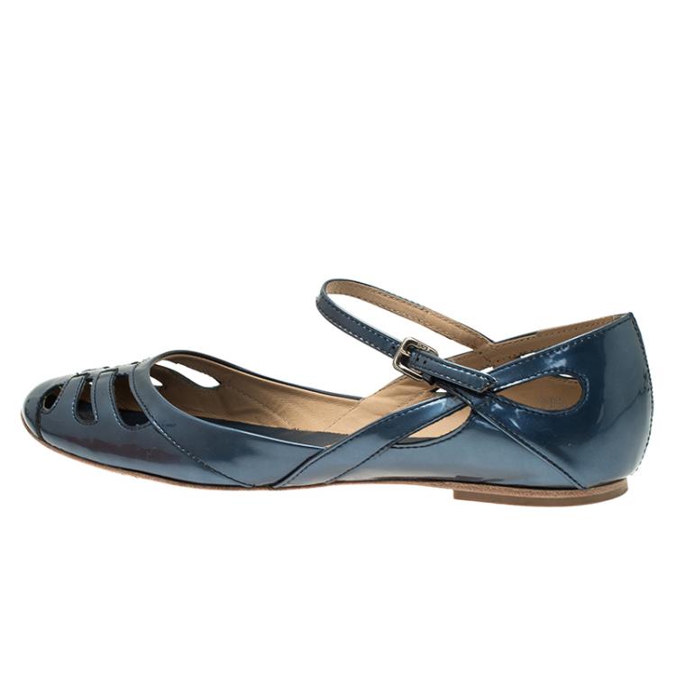 Pre Owned Tod's Blue Patent Cutout Ankle Strap Ballet Flats Size 39.5