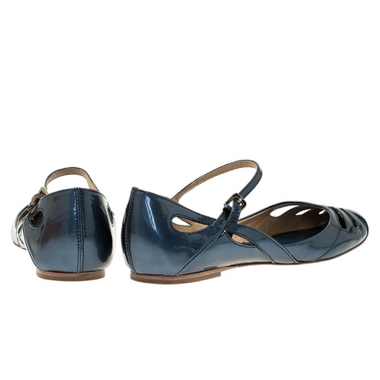 Pre Owned Tod's Blue Patent Cutout Ankle Strap Ballet Flats Size 39.5