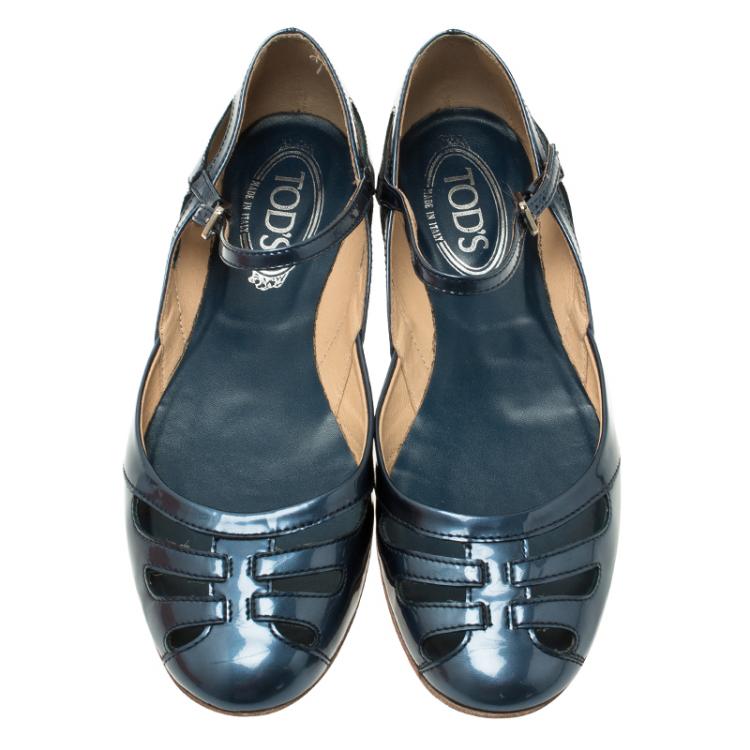 Pre Owned Tod's Blue Patent Cutout Ankle Strap Ballet Flats Size 39.5