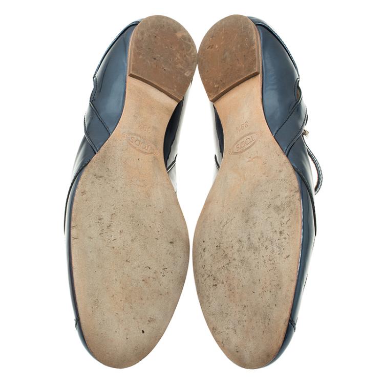 Pre Owned Tod's Blue Patent Cutout Ankle Strap Ballet Flats Size 39.5