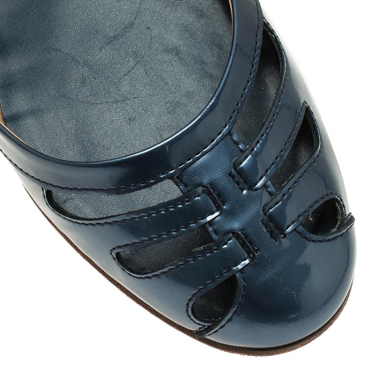 Pre Owned Tod's Blue Patent Cutout Ankle Strap Ballet Flats Size 39.5