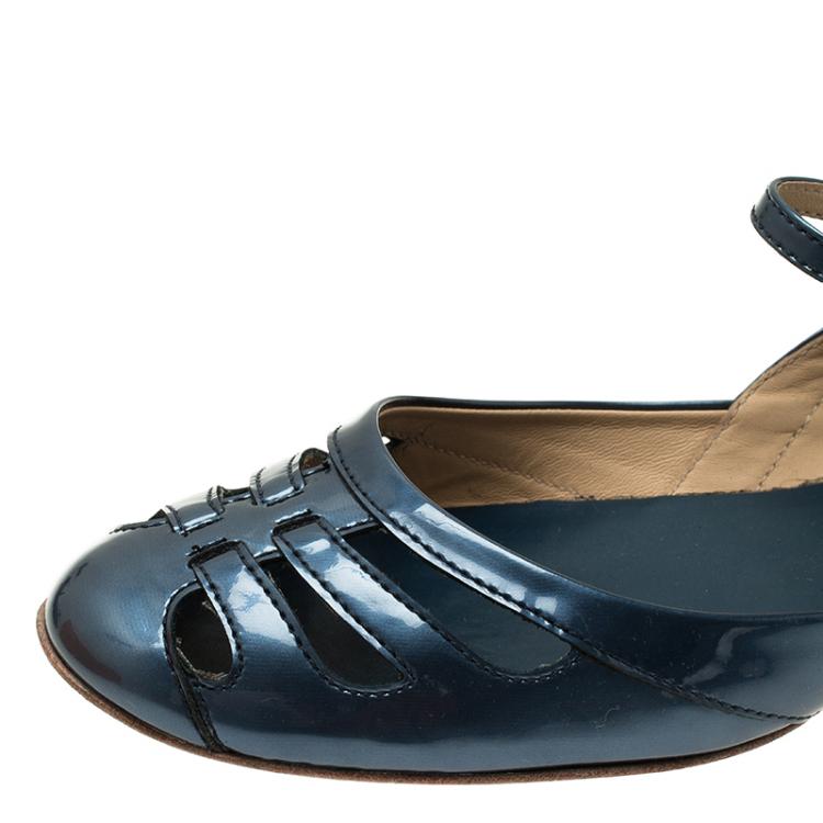 Pre Owned Tod's Blue Patent Cutout Ankle Strap Ballet Flats Size 39.5