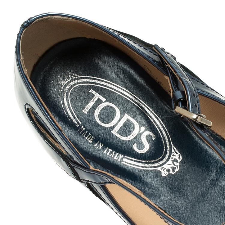 Pre Owned Tod's Blue Patent Cutout Ankle Strap Ballet Flats Size 39.5