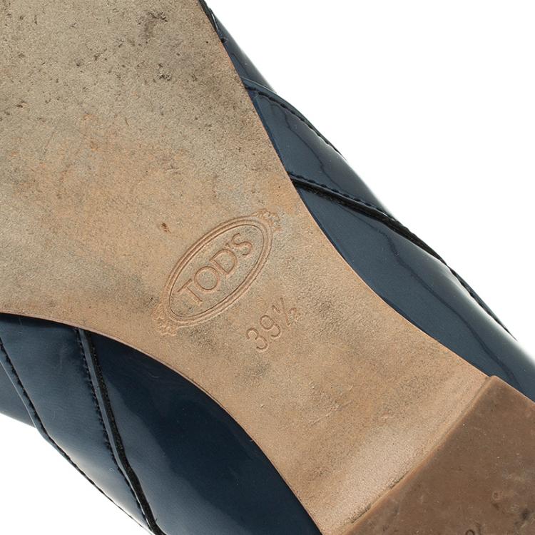Pre Owned Tod's Blue Patent Cutout Ankle Strap Ballet Flats Size 39.5