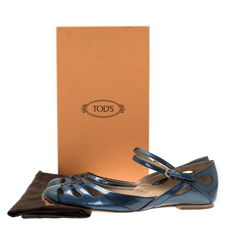 Pre Owned Tod's Blue Patent Cutout Ankle Strap Ballet Flats Size 39.5