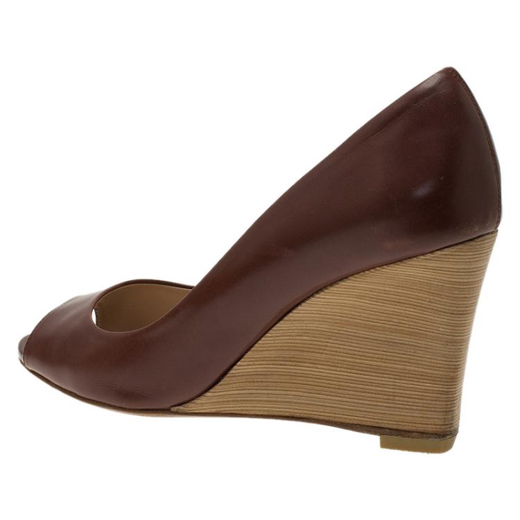 Pre Owned Tod's Brown Leather Peep Toe Wedge Pumps Size 36.5
