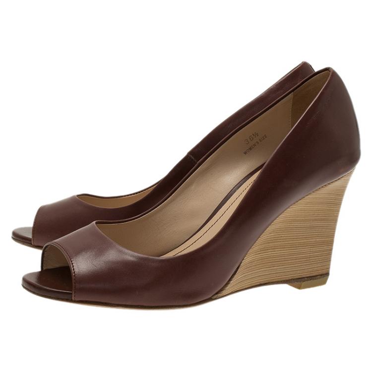 Pre Owned Tod's Brown Leather Peep Toe Wedge Pumps Size 36.5