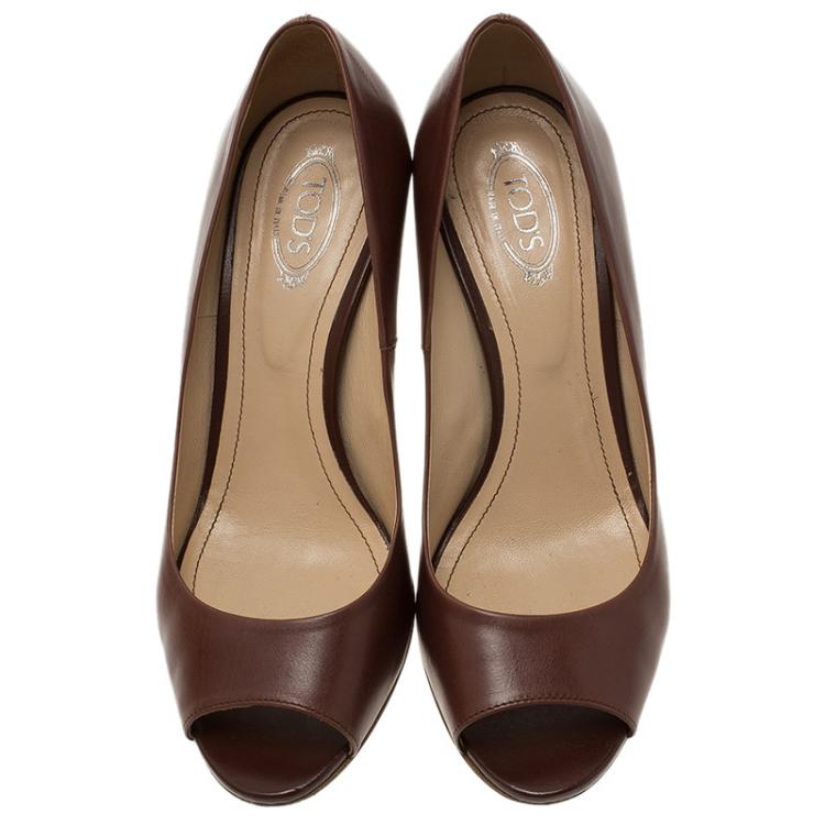 Pre Owned Tod's Brown Leather Peep Toe Wedge Pumps Size 36.5