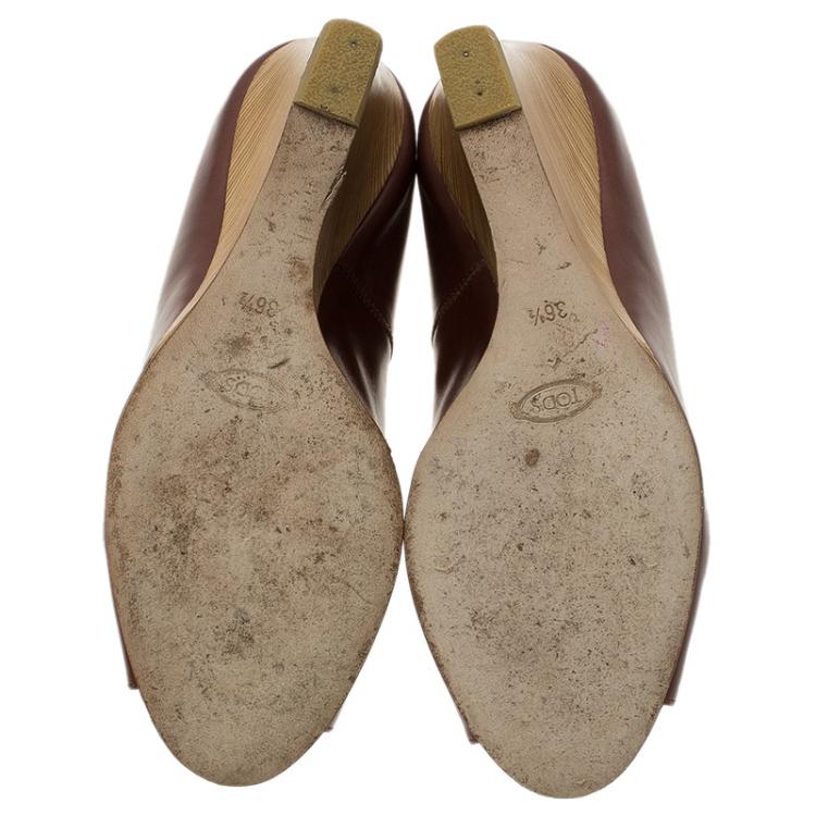 Pre Owned Tod's Brown Leather Peep Toe Wedge Pumps Size 36.5