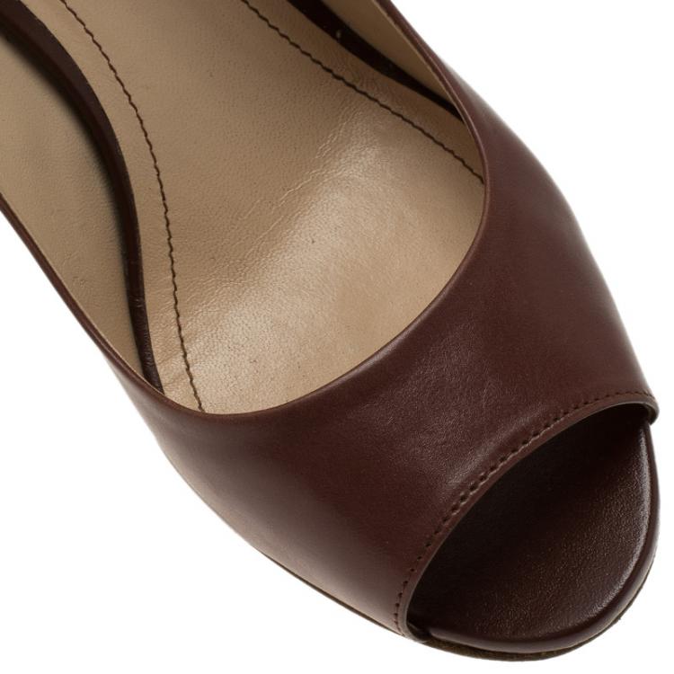 Pre Owned Tod's Brown Leather Peep Toe Wedge Pumps Size 36.5